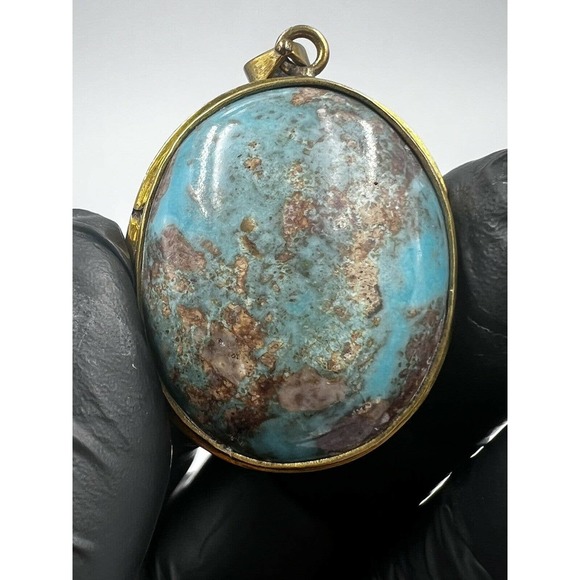 Natural Turquoise Pendant Metal Brass Handmade With Rope - Picture 7 of 11